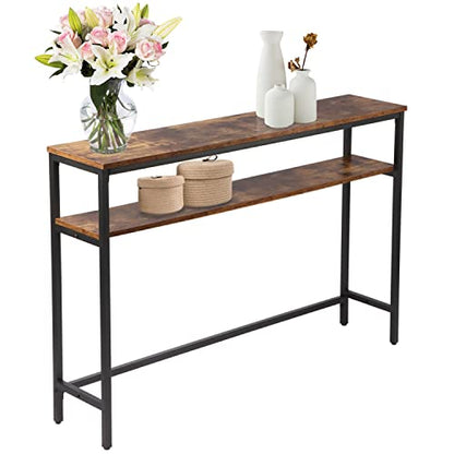 Timberer Rustic Brown Narrow Console Table with Adjustable Shelf - 47 Inch Multifunctional 2-Tier Hallway & Living Room Table