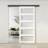 BARNSMITH 32in x 80in Glass Barn Door Slab,5-Panel Frosted Glass Solid Wood Slab with Water-Proof PVC Surface,No Pre-drilled Holes,Door Panel Only,White BARNSMITH