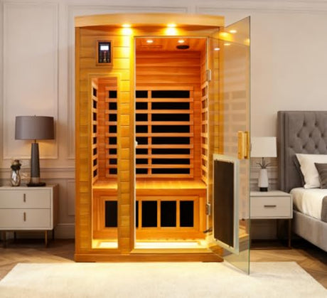 2 Person Low EMF Infrared Sauna for Home, Red Cedar Wood Far Infrared Saunas, 1750watt Indoor Personal Sauna Room with Door Heating Panels, Blue-tooth, 7-Color Chromotherapy Lights, 2 Outdoor Lamps Kanlanth