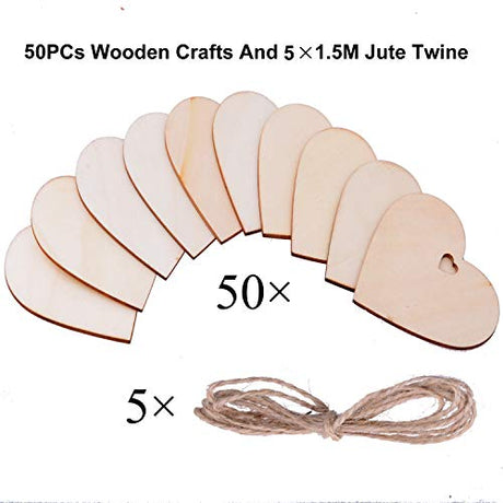 Pack of 50 Wooden Crafts to Paint 3 inch Christmas Tree Hanging Ornaments Unfinished Wood Cutouts Christmas Decoration DIY Crafts (Wooden Heart Cutouts) malyunin
