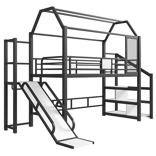 Bellemave Twin Size Metal House Loft Bed with Slide and Stairs,Heavy Duty Playhouse Loft Bed Frame with Storage Shelves for Kids,Teens,Adults,Black Bellemave