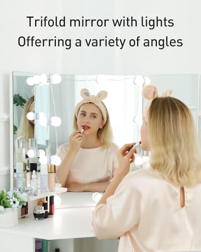 Likein Corner Makeup Vanity Desk with Mirror and Lights, Bedroom Vanity Table with Lighted Mirror 5 Drawers and Storage Shelf for Women Girls White Likein