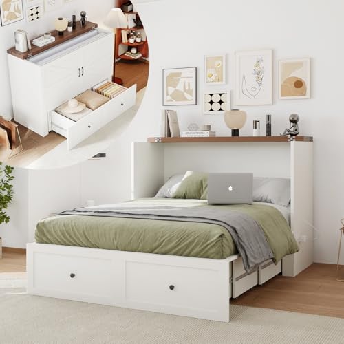 Murphy Bed Cabinet with Charging Station, Full Size Murphy Bed with Large Storage Drawer for Bedroom, Living Room, Home Office Generic