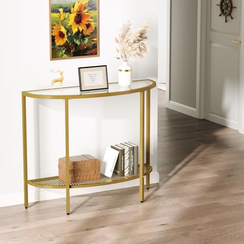 SAYGOER Glass Half Moon Console Table 2 Tier Narrow Entryway Table with Gold Metal Frames, Modern Couch Table Small Entry Way Tables, Easy Assembly, Clear Glass Gold Frames SAYGOER