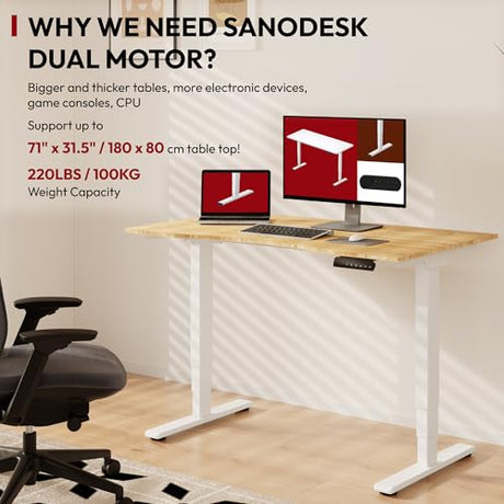 48 Inch Bamboo Electric Standing Desk, 3 Stage Dual Motor Height Adjustable Desk, Stable and Durable Sit to Stand Home Office Desk (White Frame/ 48” x 24” Natural Bamboo Top) SANODESK