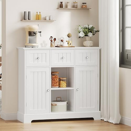 ChooChoo Buffet Cabinet, Coffee Bar with Drawers and Doors, Sideboard Storage with Shelves for Kitchen, Dining Room, Living Room, White ChooChoo
