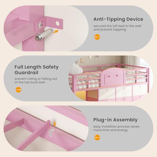 VIAGDO Low Loft Bed Twin Size with 9 Storage Drawers and LED Lights, Metal Twin Loft Bed with Stairway Shelf Storage, Low Loft Bed with Safety Guardrail and Under-Bed Hideaway for Kids, Pink VIAGDO