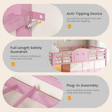 VIAGDO Low Loft Bed Twin Size with 9 Storage Drawers and LED Lights, Metal Twin Loft Bed with Stairway Shelf Storage, Low Loft Bed with Safety Guardrail and Under-Bed Hideaway for Kids, Pink VIAGDO
