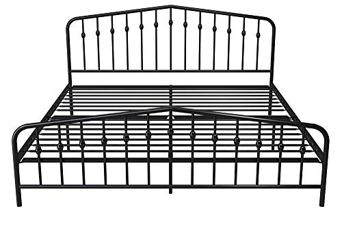 Novogratz Bushwick Modern Metal Bed, Slightly Triangular Headboard and Footboard with Inset Spindles, Adjustable Base Height for Underbed Storage, Requires No Box Spring, King Size - Black Novogratz