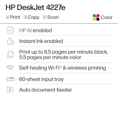 HP DeskJet 4227e Wireless All-in-One Color Inkjet Printer, Scanner, Copier, Best-for-Home, 3 Month Instant Ink Trial Included, AI-Enabled (6W7F0A) HP