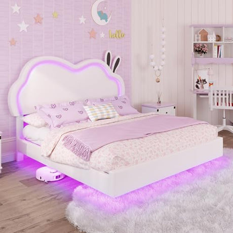 AMERLIFE Floating Twin Bed Frame with Adjustable RGB LED Headboard, Leather Upholstered Platform Bed for Kids/Girls,Wood Slats Support, No Box Spring Needed, Easy Assembly, White AMERLIFE