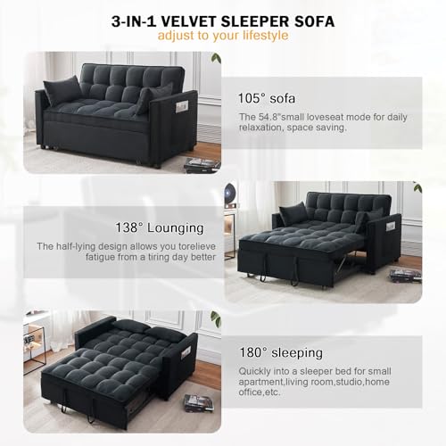 ECHINGLE Sleeper Sofa Bed, 3-in-1 Velvet Pull Out Couch with Armrests, Storage Pockets and 2 Pillows, Adjustable Backrest, Pull Out Sofa Bed Couch for Living Room, Bedroom(Black) ECHINGLE