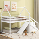 Merax House Shaped Junior Bunk Bed Frame Twin Over Twin with Slide and Storage Stairs, Wood Low Bunkbed with Full-Length Guardrails and Roof Design for Teens, Boys, Girls, No Box Spring Needed, White Merax
