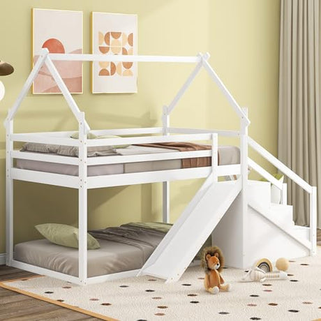 Merax House Shaped Junior Bunk Bed Frame Twin Over Twin with Slide and Storage Stairs, Wood Low Bunkbed with Full-Length Guardrails and Roof Design for Teens, Boys, Girls, No Box Spring Needed, White Merax