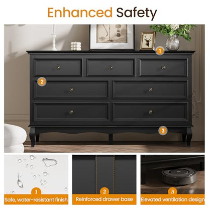 May in Color 7 Drawers Dresser for Bedroom, Modern Dresser with Distinctive Wooden Legs & Black Paint Finish, Black Drawer Dresser with Spacious Storage Space for Bedroom, Living Room, Hallway