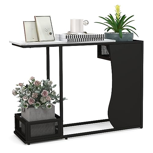 Giantex 43.5" Console Table for Entryway - Modern Entry Table with Faux Marble Top, 2 Mesh Storage Compartments, Metal Frame, Foyer Table, Narrow Sofa Table for Living Room, Hallway, White + Black Giantex