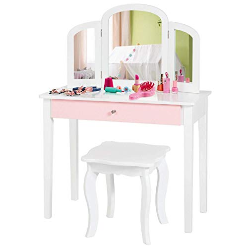 Costzon Kids Vanity, Girls Vanity Set with Tri-Folding Mirror, Stool, Storage Drawer, Princess Toddler Makeup Vanity Desk Dressing Table, Wooden Kids Vanity Table and Chair Set (White) Costzon