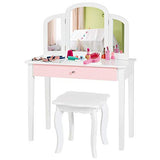 Costzon Kids Vanity, Girls Vanity Set with Tri-Folding Mirror, Stool, Storage Drawer, Princess Toddler Makeup Vanity Desk Dressing Table, Wooden Kids Vanity Table and Chair Set (White) Costzon