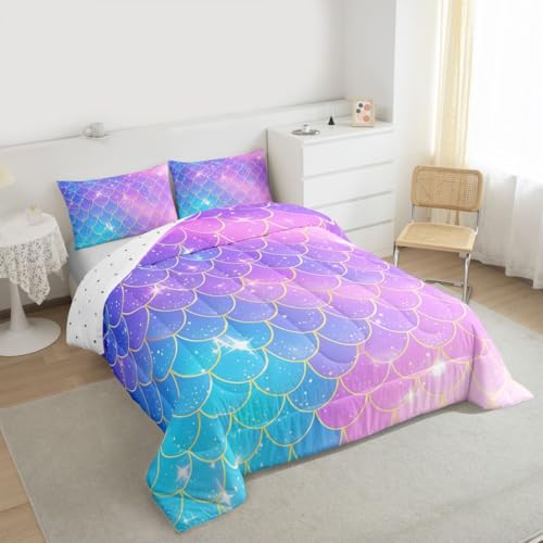 Feelyou Mermaid Scales Comforter Fish Scales Print Comforter Set for Girls Ocean Marine Themed Nature Bedding Set Purple Blue Room Decor Twin Size Duvet Set 2Pcs Boys Feelyou