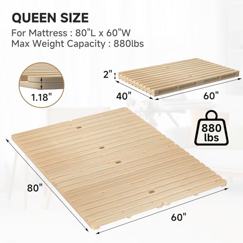 DoCred Solid Pine Wood Foldable Slatted Bed, Japanese Floor Bed Frame Moisture-Proof, Beds Plate for Japanese Floor Futon Mattress, Guest Tatami Mat, Floor Sleep Bedding, Queen DoCred