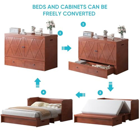 CECER Queen Size Murphy Bed with Tri-Folding Mattress，Murphy Bed with Charging Station and Two Large Storage Drawers for Small Spaces/Bedroom（Maroon）-Mattress Include CECER