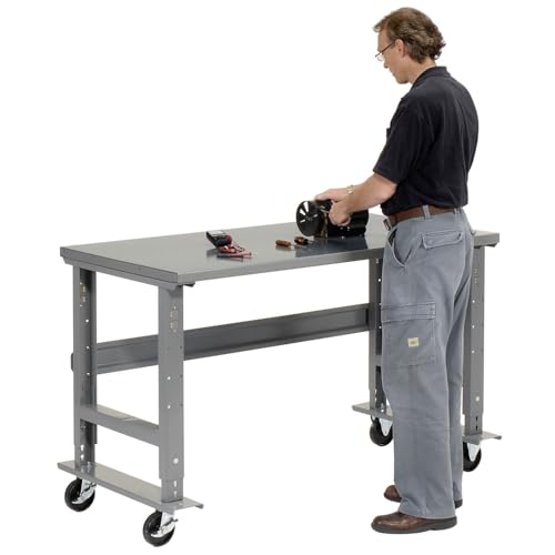 Global Industrial Mobile Adjustable Height C-Channel Leg Workbench, 48"W x 30"D, 1-3/4" Steel Top with Square Edge, 2000 Lbs. Capacity, Gray, Industrial Workbench Global Industrial
