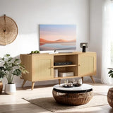DIYART Oak TV Stand for 60 Inch TV, Wooden Mid Century Modern Entertainment Center with Natural Rattan Door, Boho Media TV Console for Living Room DIYART