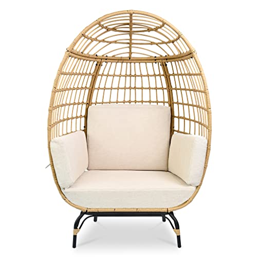 SereneLife Wicker Rattan Egg Chair – Elegant Indoor/Outdoor White Sofa Chair with 4 Plush Cushions, Durable Powder-Coated Steel Frame, Contemporary Design, Supports up to 440lbs SereneLife