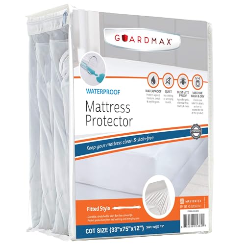 Guardmax Jersey Knitted Cot Size Mattress Protector - Waterproof & Dust Mite Proof Mattress Cover with Stretchable Pockets - Soft, Comfortable, & Noiseless Waterproof Fitted Sheet.(33 x 75 X 12) Guardmax