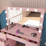 Boahaus Freya Large Makeup Vanity Desk with Hollywood Lights, 7 Drawers, USB Type-C & Type-A Ports, Charging Station, Hair Dryer Hanger, Crystal Knobs– Vanity Desk for Bedroom, Premium Finish (Pink) Boahaus