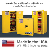 Justrite 45 Gallon Manual Close Flammable Storage Cabinet, 18 Gauge Steel, 2 Shelves, 2 Door Fire Cabinet, 65" x 43" x 18", Made in The USA, Yellow, 894500 Justrite