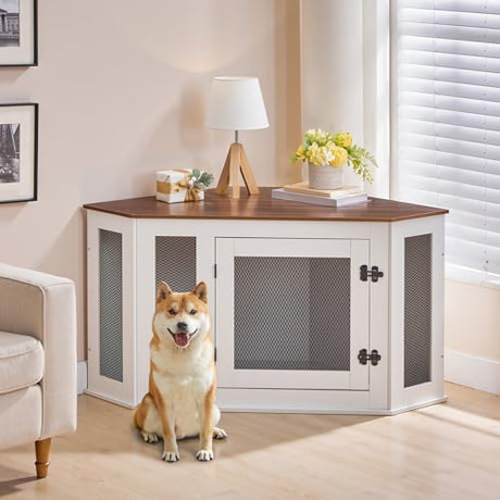 MAHANCRIS Corner Dog Crate Furniture, Wooden Dog Kennel End Table, Decorative Pet Crate Indoor Use, Furniture Style Dog House for Small Medium Dog, Dog Cage TV Stand, White and Walnut DCBA0801 MAHANCRIS