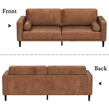 HIFIT Sofa Couches, 79” Mid-Century Modern Couch, Breathable Faux Leather Couch with Upholstered Cushions/Pillows, 3-Seat Sofas & Couches, for Living Room Apartment Office, Brown