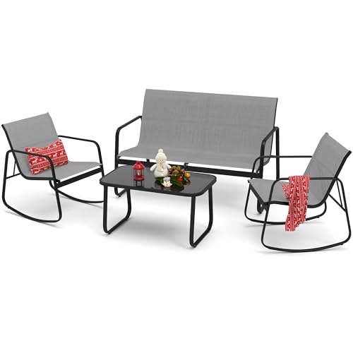 DWVO 4 Piece Patio Furniture Set, Outdoor Conversation Sets for Patio, Lawn, Garden, Poolside with Rocking Chair Set of 2 and Glass Coffee Table - Grey - WoodArtSupply