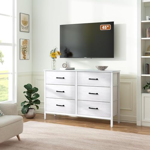 LYNCOHOME White Dresser with 6 Drawers, Wide Dresser for Bedroom and 50" TV, Entertainment Center with Metal Frame, Wooden Top, Fabric Drawers Dresser for Bedroom, Hallway, Entryway, White - WoodArtSupply