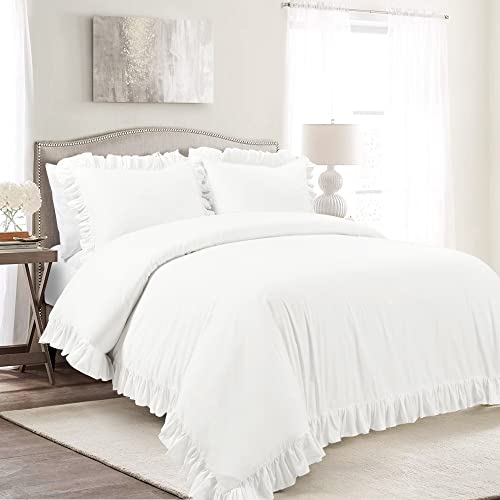 Lush Decor Reyna Ruffle Cotton Duvet Cover Set 3 Piece Set King, Pure White - King Size Bedding Set - White Duvet King- Ruffled Bedding - Coquette Decor Lush Decor