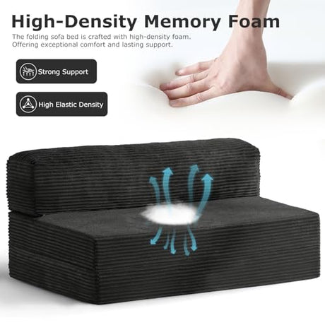 NLDD Folding Futon Sofa Bed Full Size, 6 inch Convertible Floor Couch Bed with Removable Corduroy Cover, Pull Out Couch for Small Spaces High-Density Foam,Black NLDD