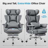 ALLGOD Office Chair Comfy, Big and Tall Executive Leather Chair, High Back Ergonomic Wide Chair with Footrest, Reclining Computer Desk Chair, Heavy Duty Gaming Chair with Padded Arm and Pillow, Grey ALLGOD