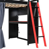 Gaming Loft Bed with Desk & Storage Shelves & Wardrobe & RGB Lighting,Full Size Wood Loft Bed Frame with Guardrail,DIY Pegboard,Curtains and Ladder,Esports Design for PC & Console Gamers,Black Red Harper & Bright Designs