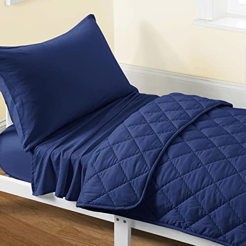FLXXIE Toddler Bedding Set - 4 Piece Microfiber Crib Sheet Set, Crib Bedding Set Includes Quilted Comforter, Flat Top Sheet, Fitted Sheet, Envelope Pillow Case for Boys and Girls, Navy Blue FLXXIE