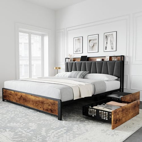 GarveeHome King Size Bed Frame with 4 Storage Drawers, Upholstered Storage Charging Headboard, Heavy Duty Metal Platform Bed Frame, Noise Free, No Box Spring Needed, Rustic Brown GarveeHome
