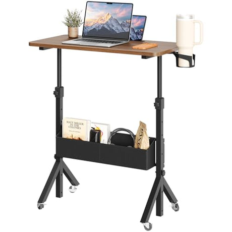 ErGear Mobile Standing Desk with Wheels, Adjustable Height 28.3″ to 46.3″, Rolling Laptop Cart with Cup Holder, Storage Basket, Computer & Pen Slot, Home Office Stand Up Desk, Walnut (31.5″ x 15.75″) ErGear