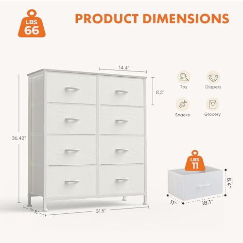 Atilioo Dresser for Bedroom with 8 Drawers, Anti-Tip Tall Fabric Chests Storage Organizer Tower Furniture with Wooden Top Metal Frame for Clothes, Closet, Living Room, Hallway, Entryway Atilioo