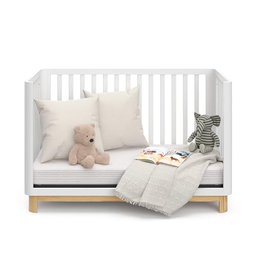 Storkcraft Santos 3-in-1 Convertible Crib (White with Natural) – GREENGUARD Gold Certified, Fits Standard Crib Mattress, Converts to Toddler Bed, Storkcraft