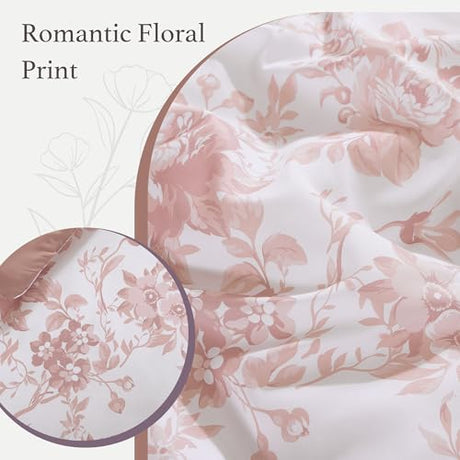 BLOOMHAVEN Full Comforter Set -7 Pieces Pink Floral Comforter Set for All Seasons, Bed in a Bag Full with Botanical Flowers Comforter, Sheets, Pillowcases & Shams BLOOMHAVEN
