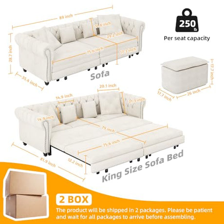 Tabaray 89'' Pull Out Sofa Bed King, Chesterfield Velvet Sleeper Sofa, Convertible L-Shaped Futon Couch, Tufted Back, 4 Pillows, Ottoman, Deep Seat Loveseat Couches for Living Room, Apartment, Beige Tabaray
