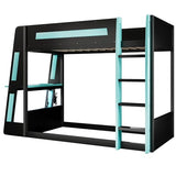 Twin Over Twin Gaming Bunk Bed with Desk and USB and LED Light, Twin Size Wooden Loft Bed Frame with Storage Shelves, Ladder, for Kids Boys Teens Adults, Space Saving (Black+Blue) Harper & Bright Designs
