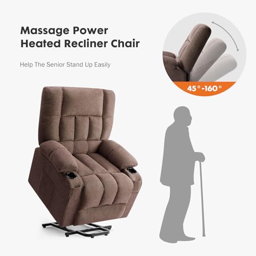 Sweetcrispy Power Lift Recliner Chair with Vibration Massage and Heat for Adults, Ergonomic Overstuffed Breathable Fabric Reclining Chair with Side Pockets, Remote Control, Living Room, Bedroom, Brown