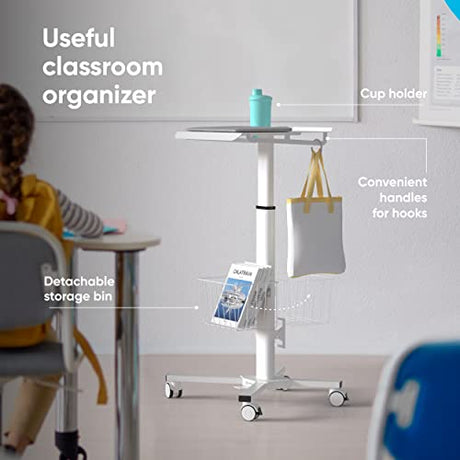 ONKRON Mobile Laptop Cart on Wheels, Load up to 17.6 lbs, Standing Rolling Desk Adjustable Height, Portable Workstation for Laptop/Small Computer Cart for Couch, Home, Office White ONKRON