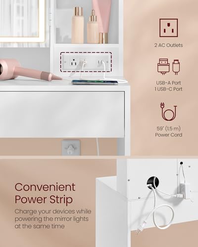 VASAGLE Kailyn Collection - Vanity Desk with Power Outlets, Makeup Vanity with Mirror and Lights, LED Lights, 6 Compartments, 2 Drawers, for Bedroom, Cloud White URDT031WB02S VASAGLE